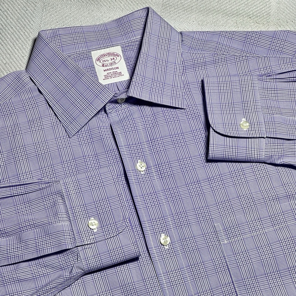 Brooks Brothers Madison Button Up Shirt Mens 15.5-34 Purple‎ Glen Plaid Pocket